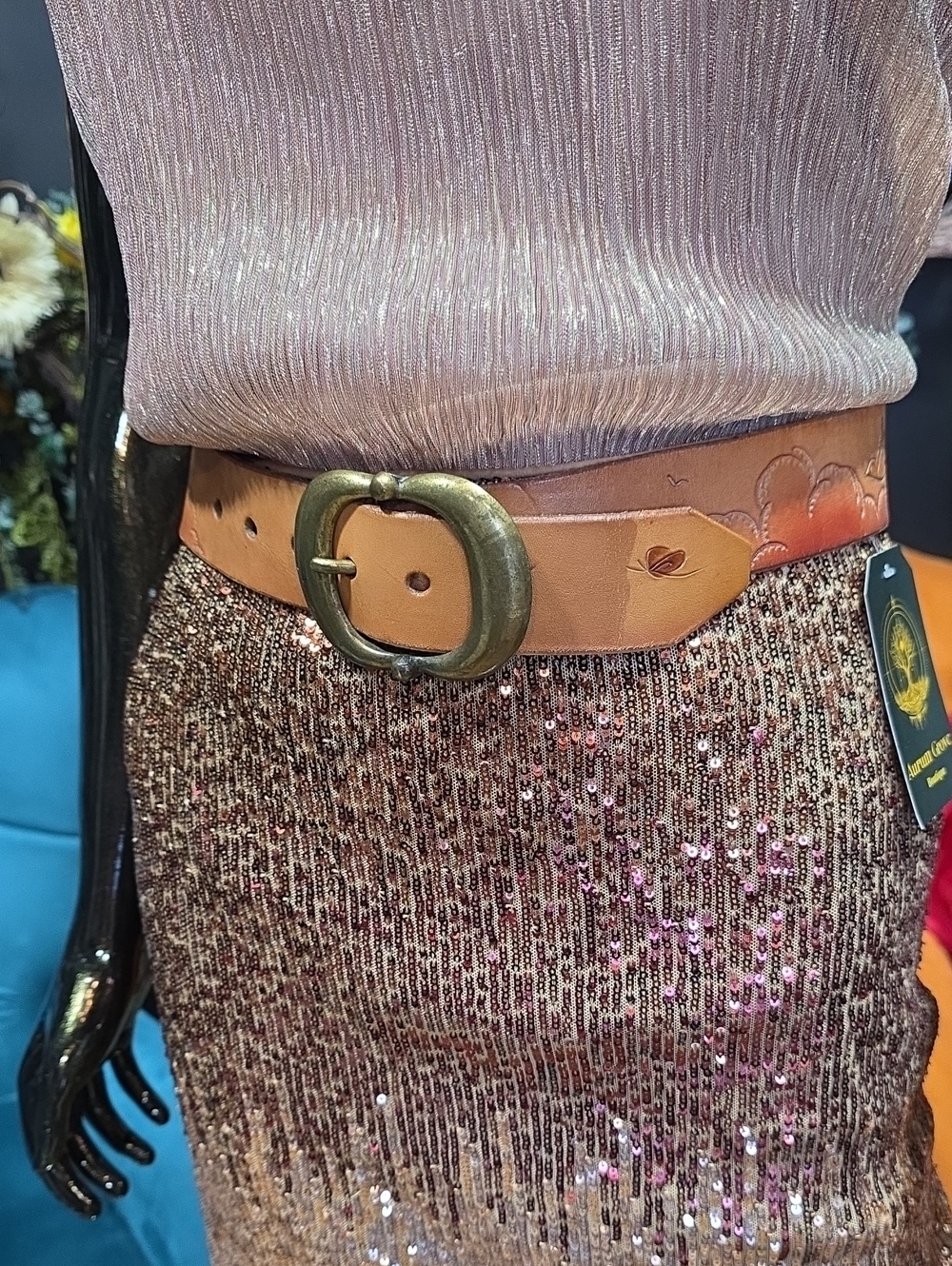 Vintage Tan Leather Belt with Brass Oval Buckle & Stamped Design